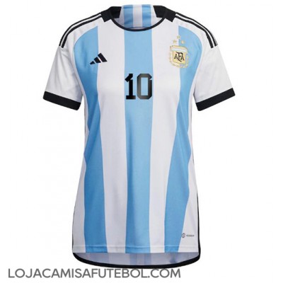 Camisa de Futebol Argentina Lionel Messi #10 Equipamento Principal Mulheres Mundo 2022 Manga Curta